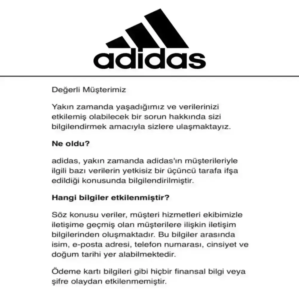 Adidas, Türkiye’deki bazı müşterilerin verilerinin çalındığını açıkladı! 1 adidas turkiyedeki bazi musterilerin verilerinin calindigini acikladi 0 6uksnn5V