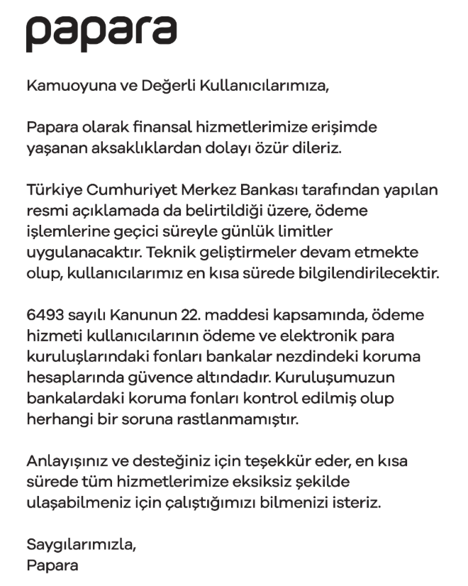 Papara sorunlarından sonra şirketten açıklama! Para çekebilecek miyiz? 1 papara sorunlarindan sonra sirketten aciklama para cekebilecek miyiz 0 Da7ZRJLk